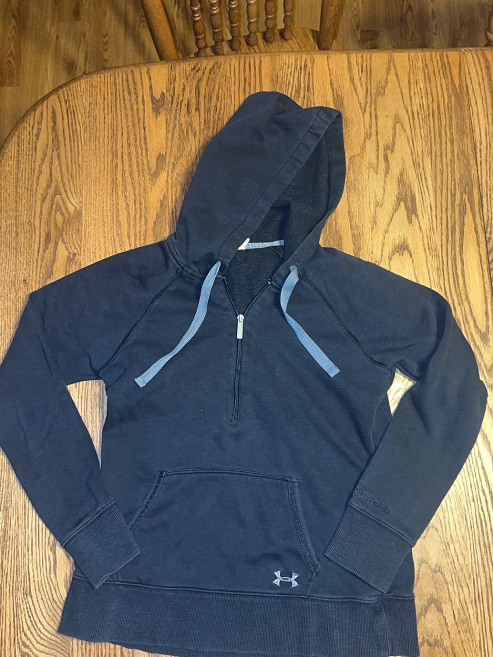 Under Armour Navy Half-Zip Hoodie Sweatshirt with Light Blue Drawstrings